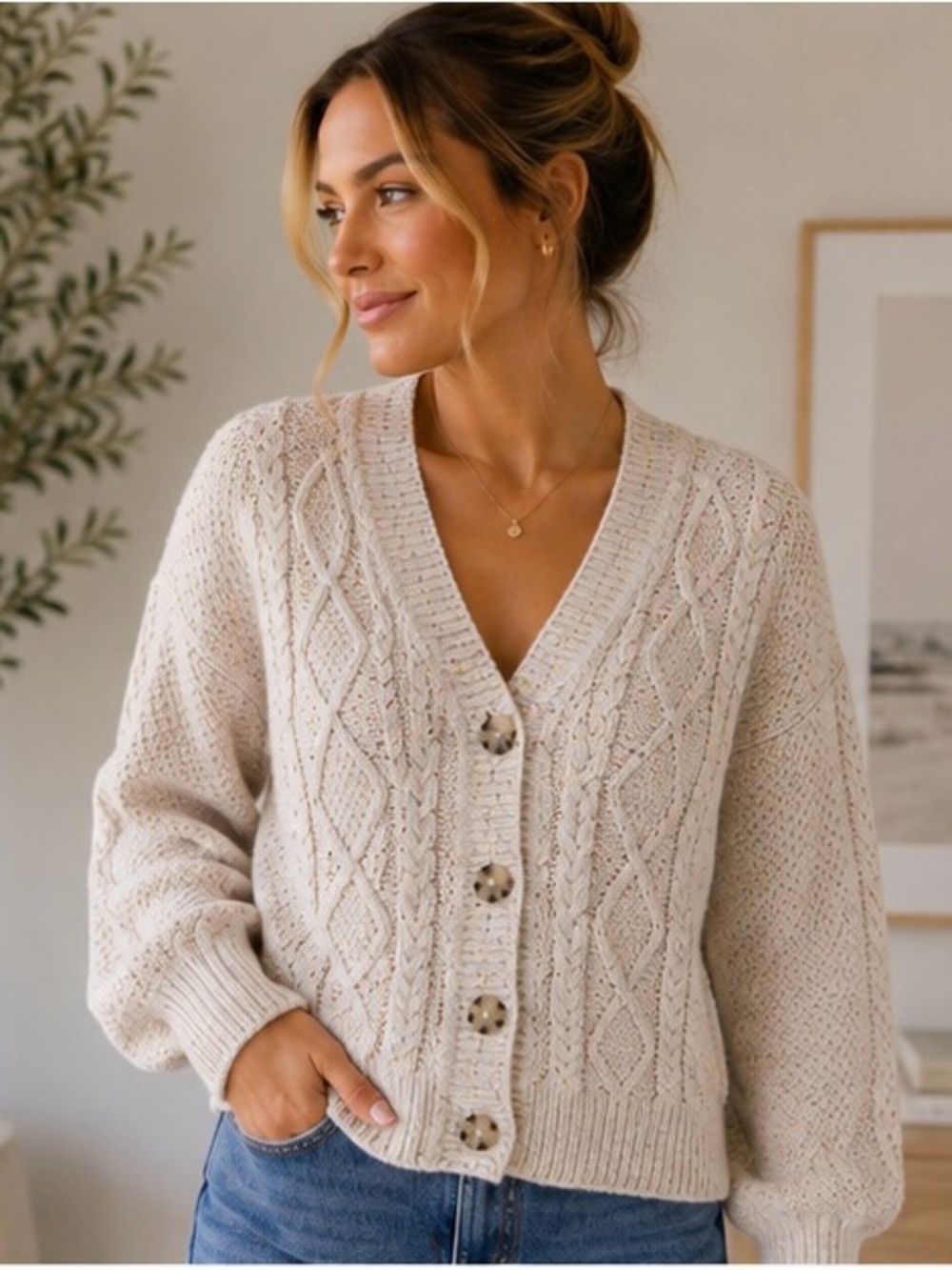 LOFT Flecked Cream Cable Knit V-Neck Cardigan